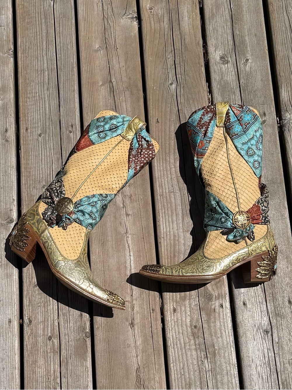 Giuseppe Zanotti Multicolor Turquoise & Tan Western Ankle Boots